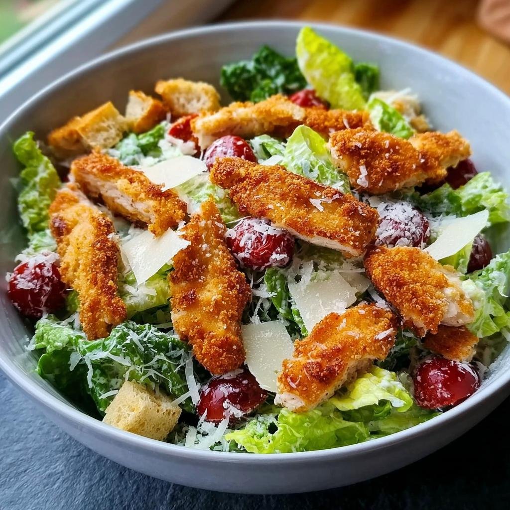 A bowl of Caesar Salad fix mit Hähnchen, featuring crispy chicken strips, romaine lettuce, croutons, tomatoes, and shaved parmesan.