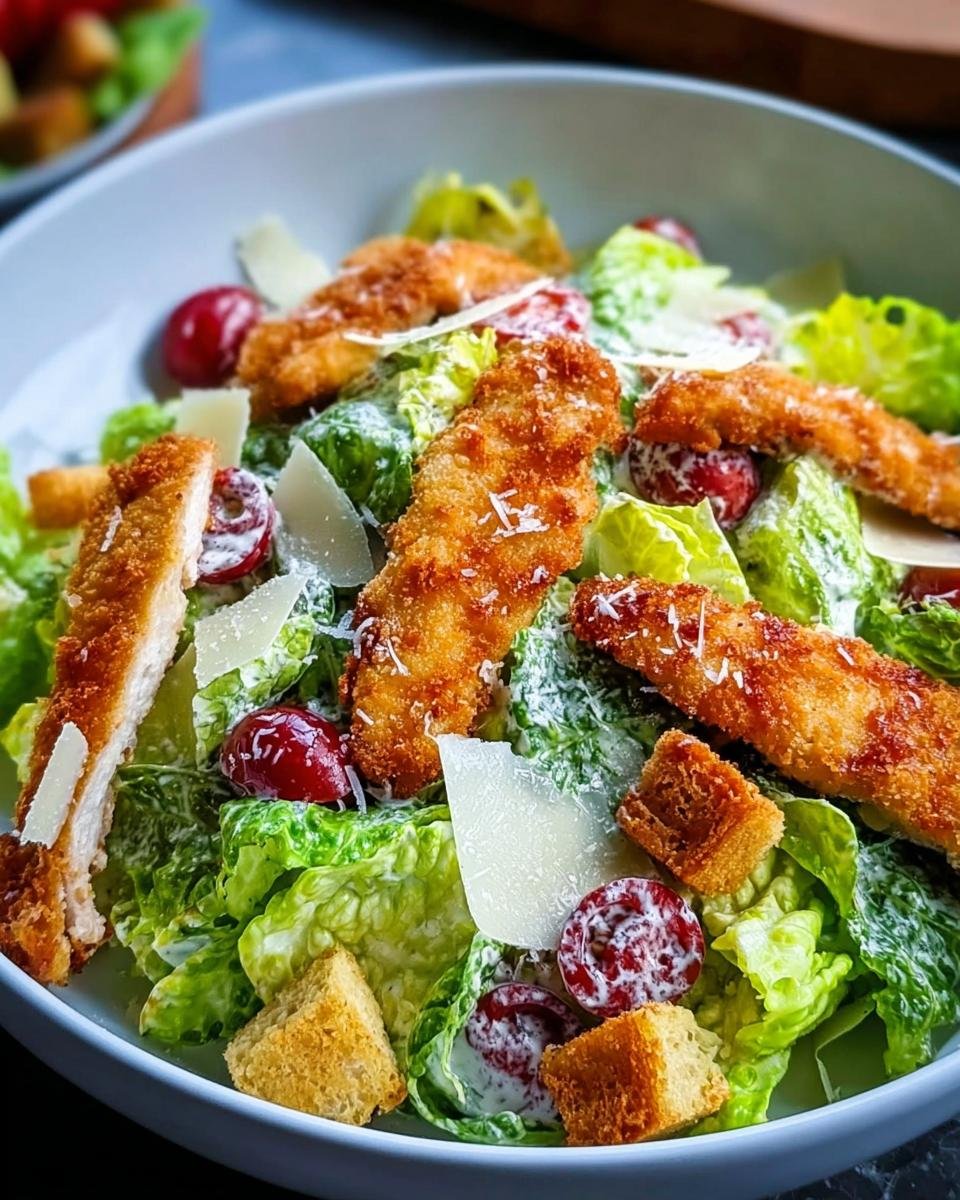 Close-up of Caesar Salad fix mit Hähnchen, featuring crispy chicken strips, romaine lettuce, croutons, and shaved parmesan.