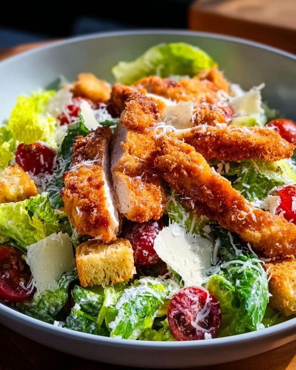 A delicious Caesar Salad fix mit Hähnchen with crispy chicken, croutons, cherry tomatoes, and parmesan cheese.