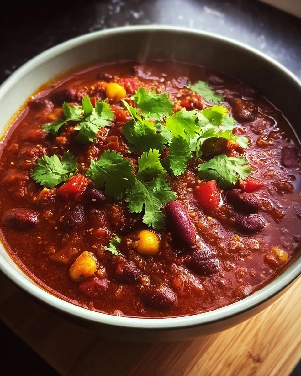 Eine Schüssel mit dampfendem Chili sin Carne aus der Dose, garniert mit Koriander.