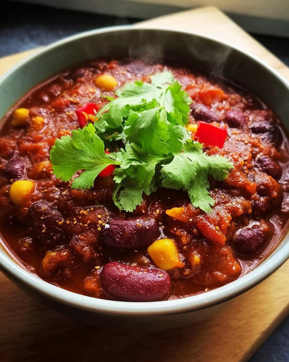 Close-up of a steaming bowl of Chili sin Carne schnell aus der Dose, garnished with cilantro and chili peppers.