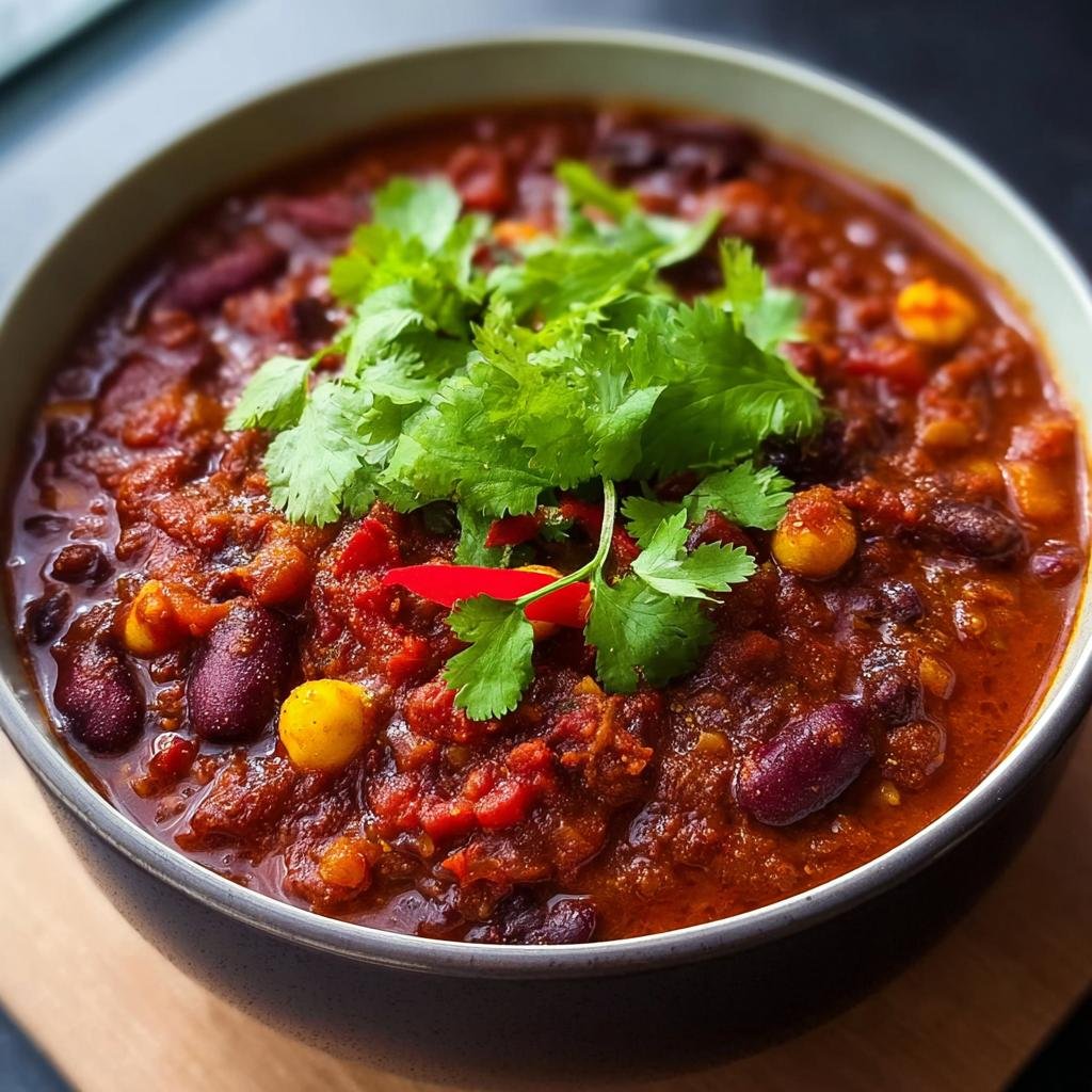 Eine Schüssel mit Chili sin Carne schnell aus der Dose, garniert mit Koriander und Chili.