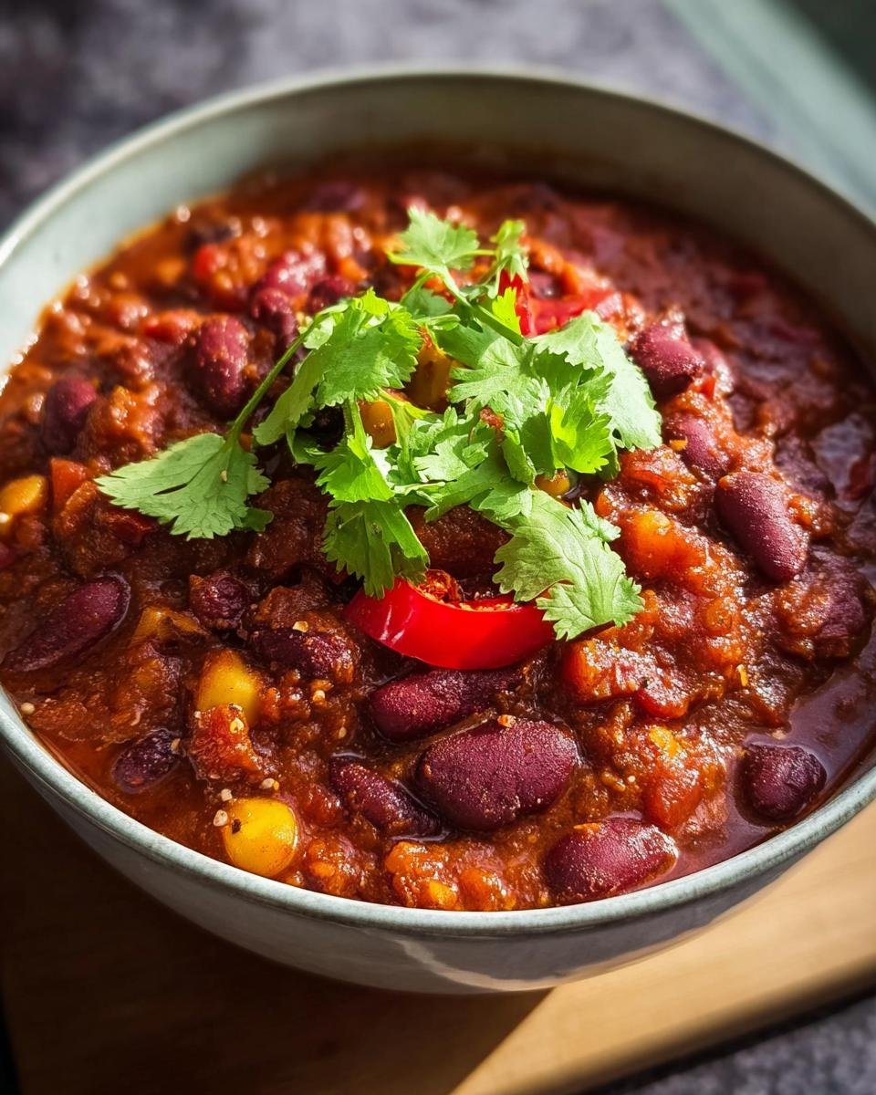 Eine Schüssel mit Chili sin Carne schnell aus der Dose, garniert mit Koriander und Chili.
