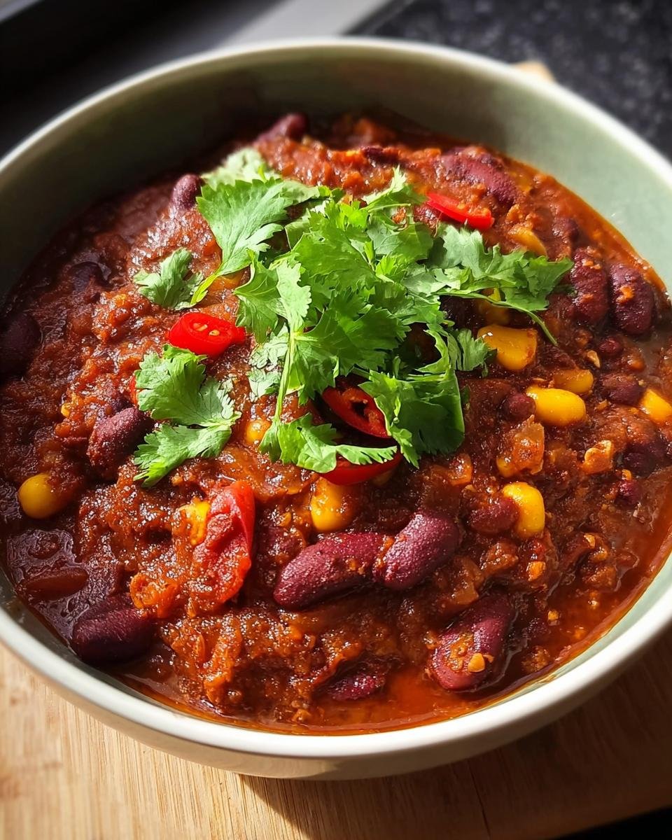 Eine Schüssel mit Chili sin Carne schnell aus der Dose, garniert mit Koriander und Chilischoten.