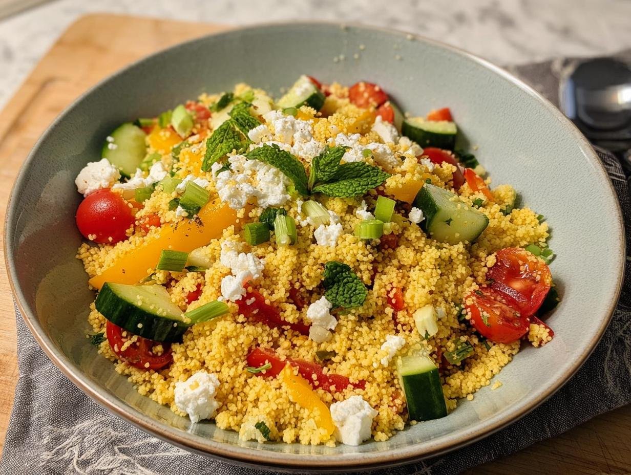 A vibrant bowl of Couscous-Salat mit Feta & Gurke, featuring fluffy couscous, cucumber, tomatoes, bell peppers, feta cheese, and mint.
