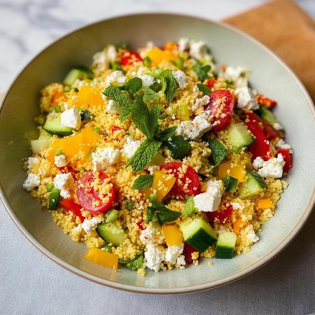 A vibrant bowl of Couscous-Salat mit Feta & Gurke, featuring fluffy couscous, crumbled feta, diced cucumbers, cherry tomatoes, and fresh mint.