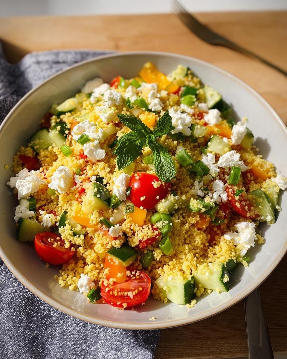 A close-up of a refreshing Couscous-Salat mit Feta & Gurke, packed with cherry tomatoes, cucumber, bell peppers, feta cheese, and mint.