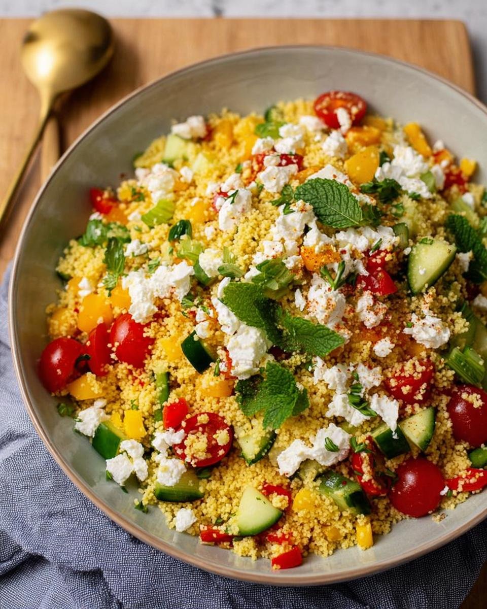 Eine Schüssel mit Couscous-Salat mit Feta & Gurke, garniert mit Tomaten, Gurken, Paprika und Minze.
