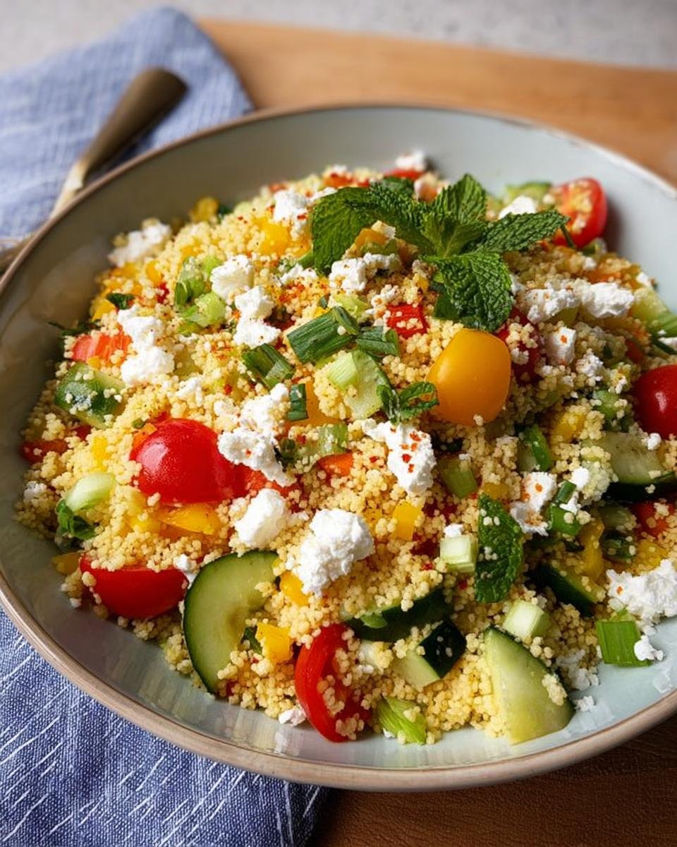 Eine Schüssel Couscous-Salat mit Feta & Gurke, garniert mit Minze, Tomaten und Paprika.