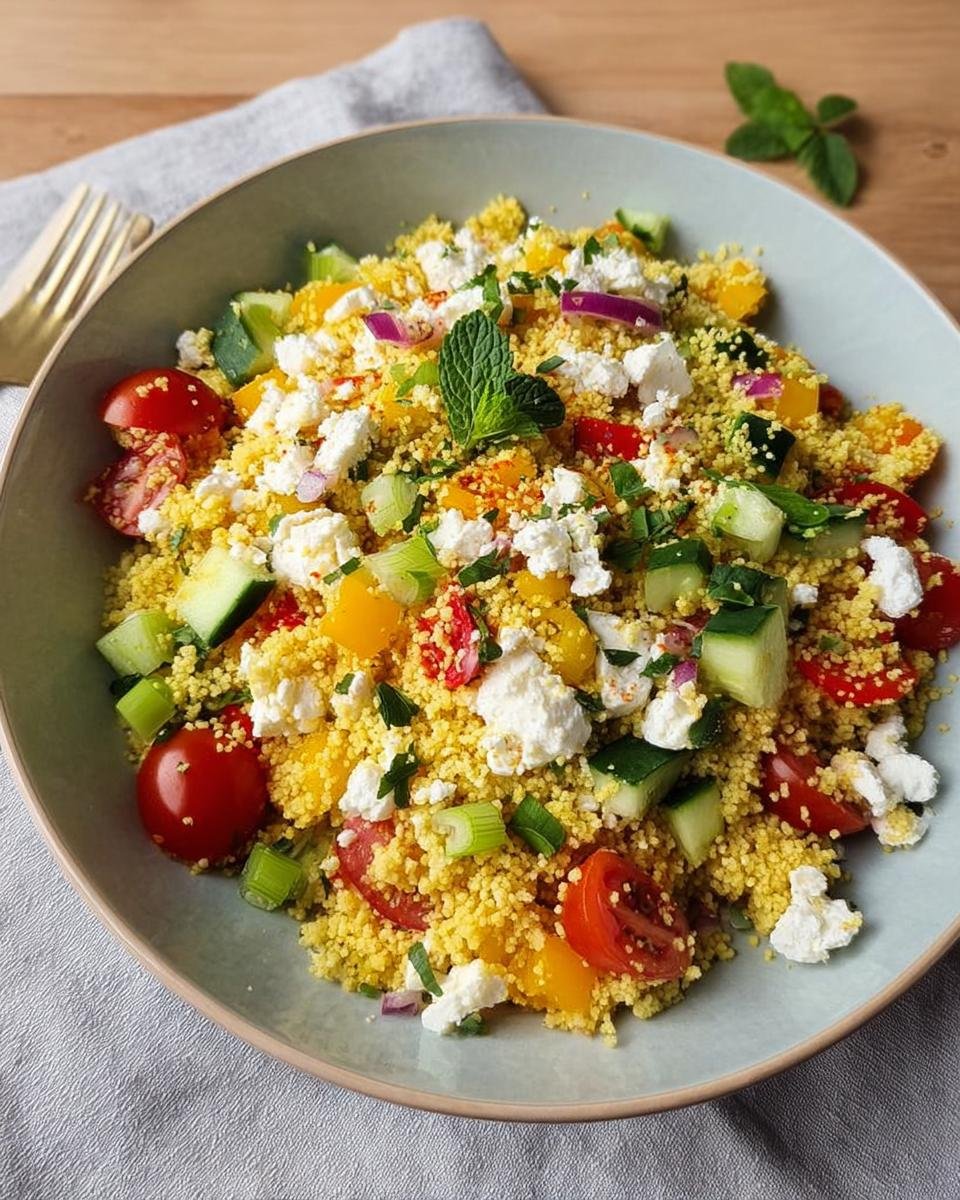 Eine Schüssel Couscous-Salat mit Feta & Gurke, garniert mit Minze, Tomaten, Gurken und roter Zwiebel.