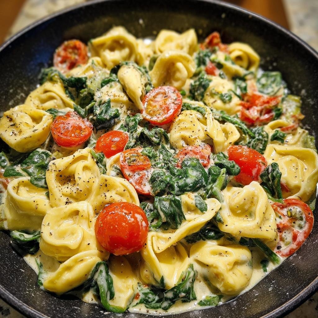 Close-up of Cremige Tortellini in Spinat-Sahne-Sauce with cherry tomatoes and spinach in a creamy sauce.