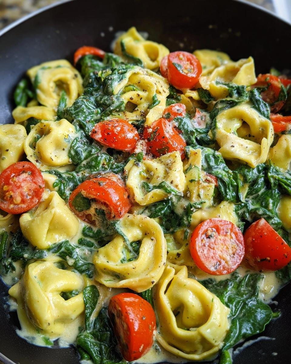 Close-up of Cremige Tortellini in Spinat-Sahne-Sauce, with cherry tomatoes and spinach in a creamy sauce.