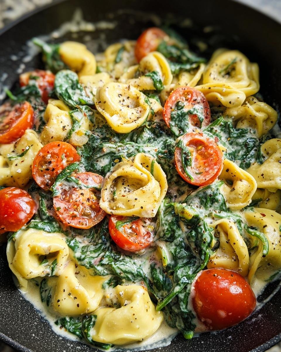 Close-up of Cremige Tortellini in Spinat-Sahne-Sauce with cherry tomatoes and spinach.