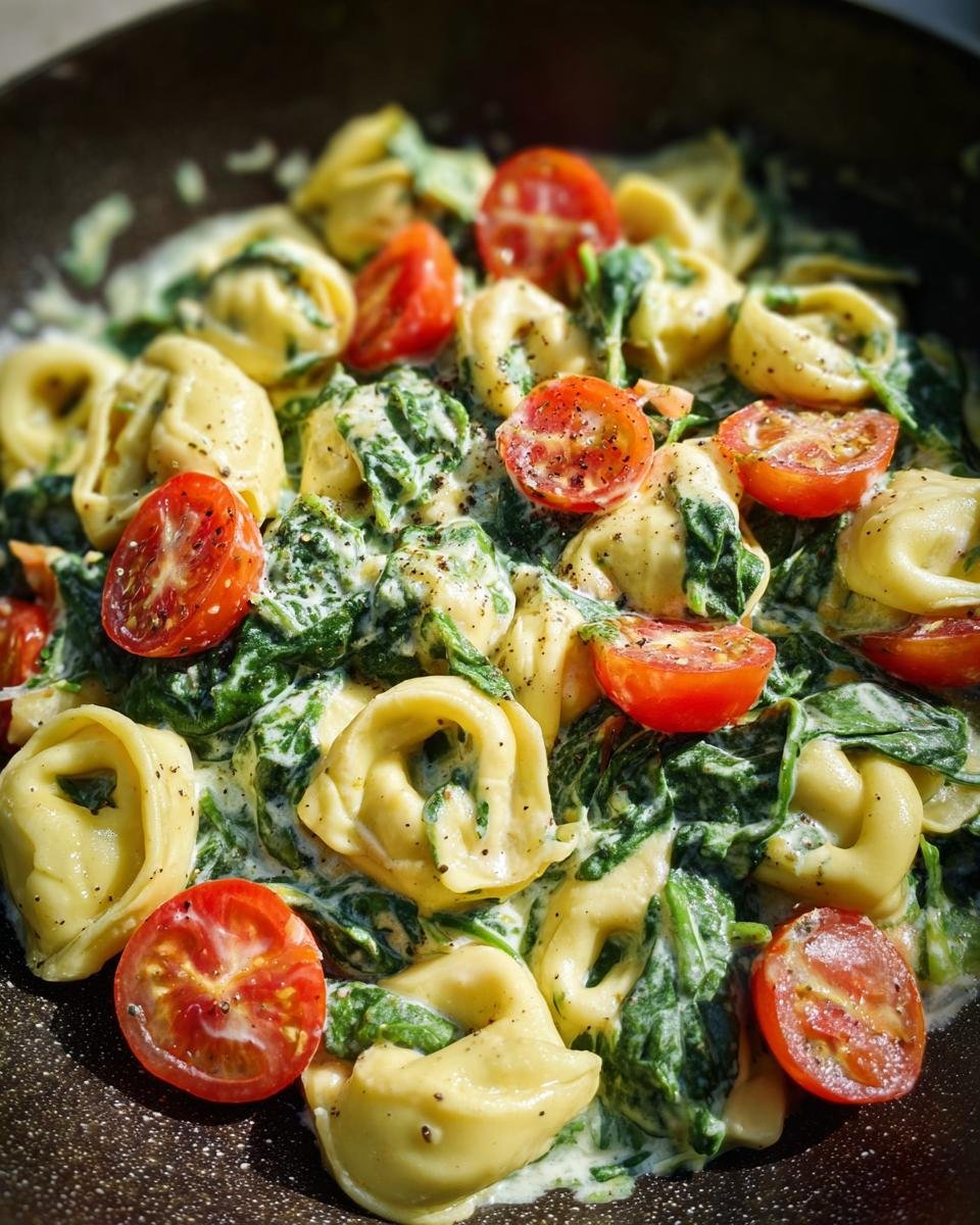 Close-up of Cremige Tortellini in Spinat-Sahne-Sauce, with cherry tomatoes and fresh spinach.