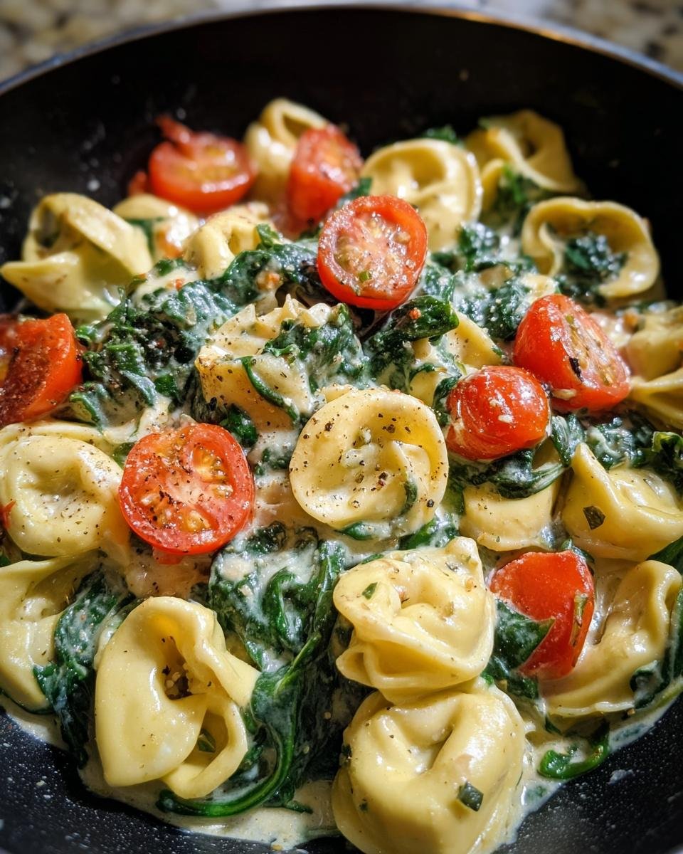 Close-up of Cremige Tortellini in Spinat-Sahne-Sauce, garnished with cherry tomatoes and black pepper.