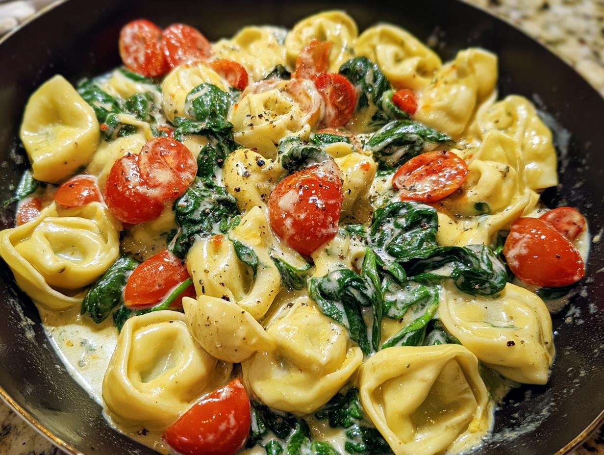 Close-up of Cremige Tortellini in Spinat-Sahne-Sauce, featuring pasta, spinach, and cherry tomatoes in a creamy sauce.
