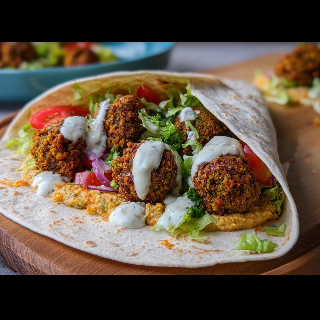Ein köstlicher Falafel-Wrap mit Joghurtsauce, gefüllt mit Falafelbällchen, Hummus, Salat und Tomaten.