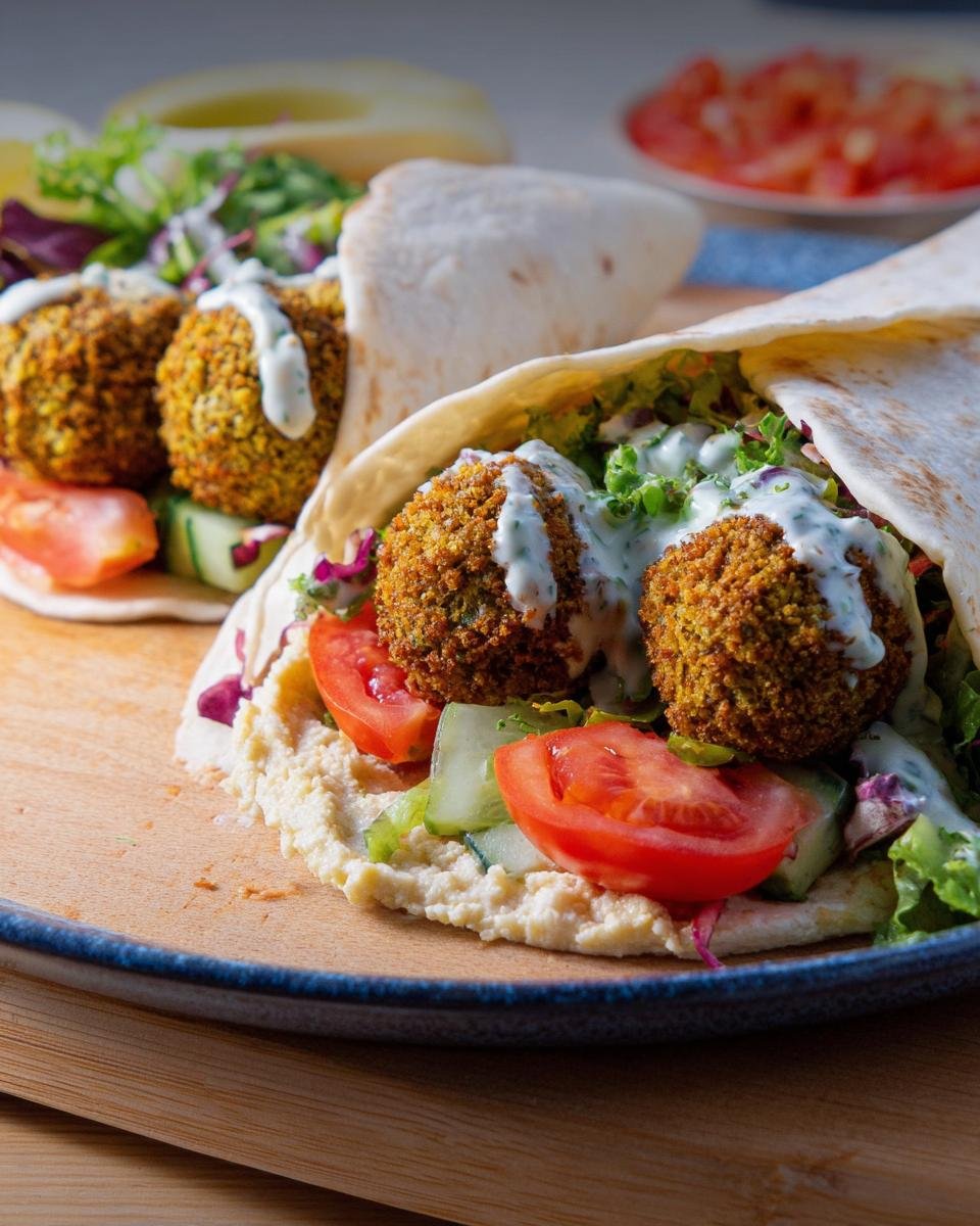 Zwei Falafel-Wraps mit Joghurtsauce, gefüllt mit Falafelbällchen, Hummus, Tomaten, Gurken und Salat.