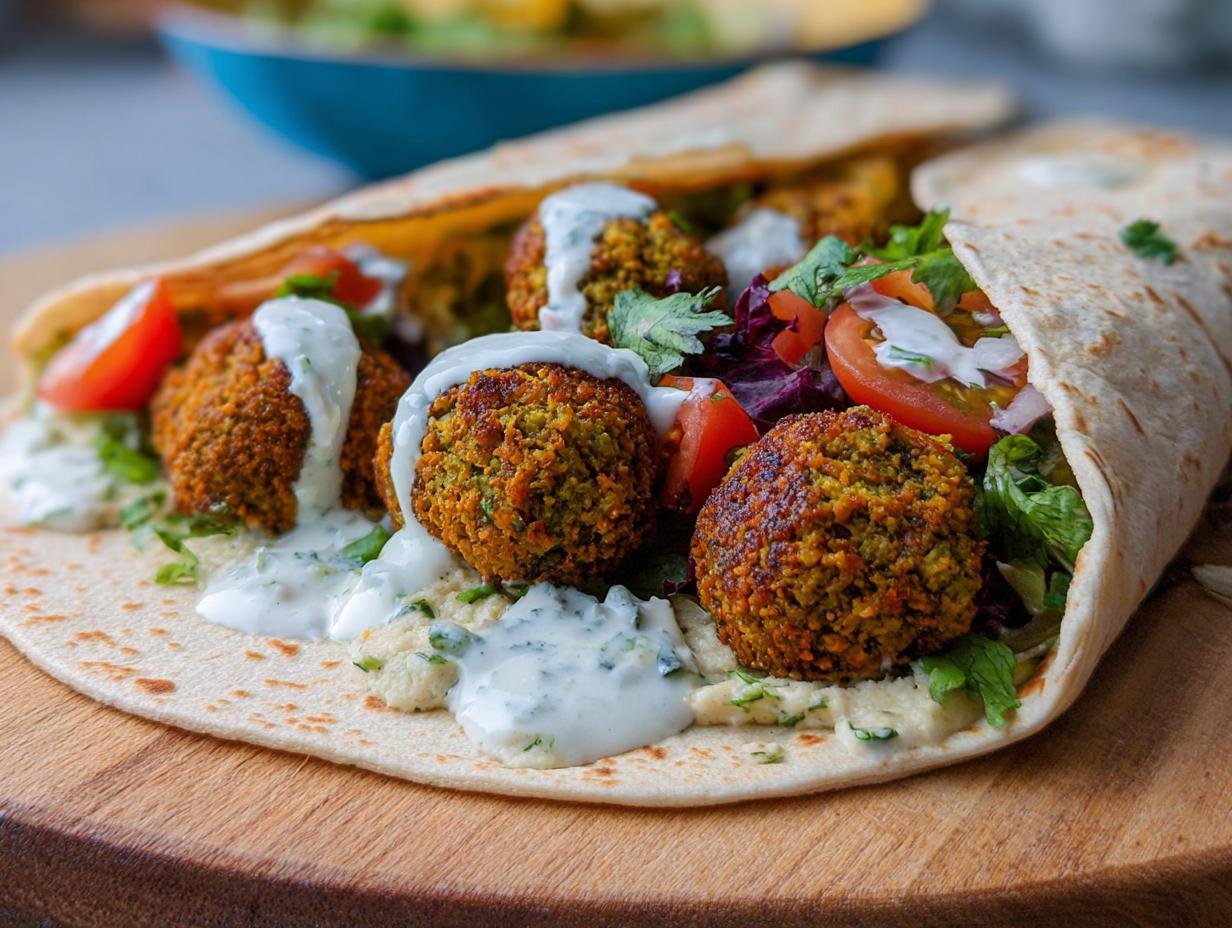 Ein köstlicher Falafel-Wrap mit Joghurtsauce, gefüllt mit Falafelbällchen, Tomaten, Salat und Hummus.