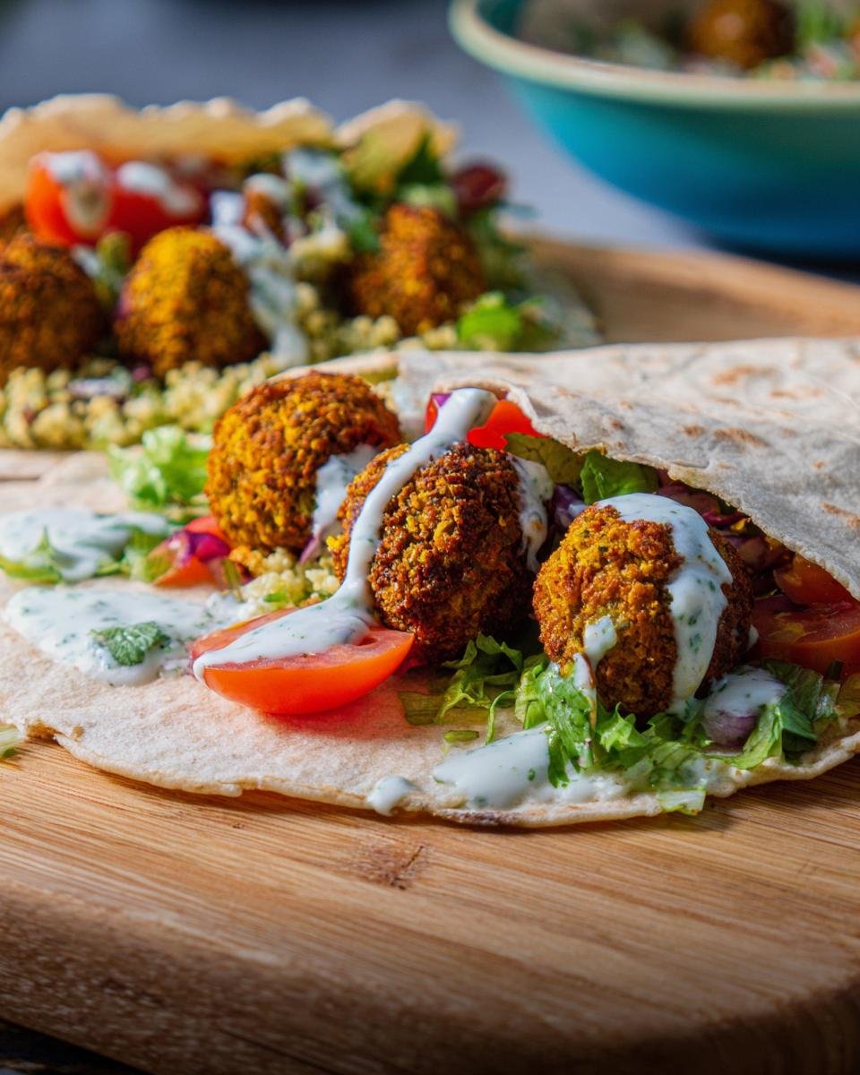 Nahaufnahme eines Falafel-Wraps mit Joghurtsauce, gefüllt mit Falafelbällchen, Salat, Tomaten und Zwiebeln.