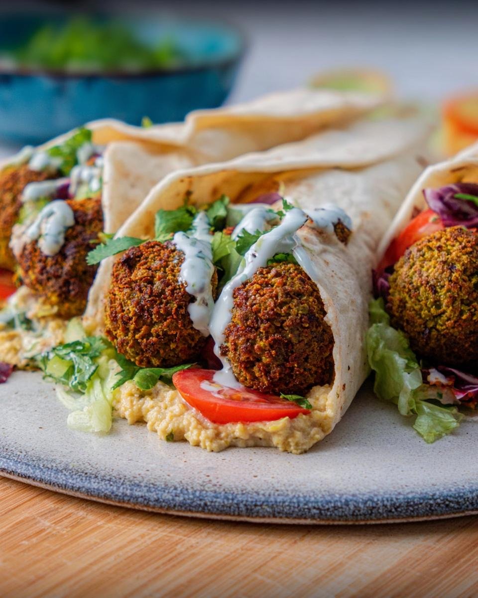 Nahaufnahme eines Falafel-Wraps mit Joghurtsauce, gefüllt mit Falafelbällchen, Hummus, Tomaten und Salat.
