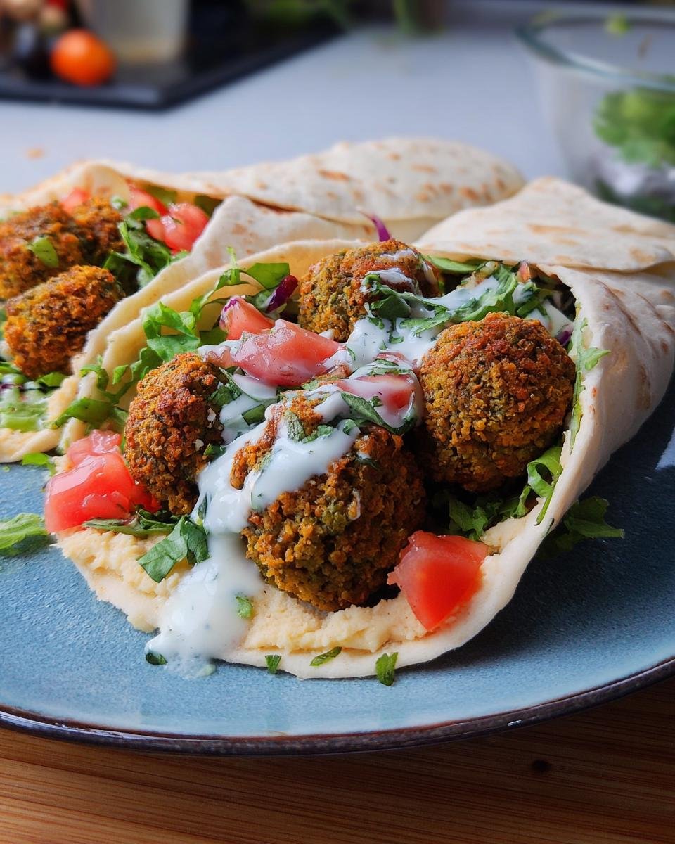Nahaufnahme eines Falafel-Wraps mit Joghurtsauce, gefüllt mit Falafelbällchen, Hummus, Tomaten und Salat.