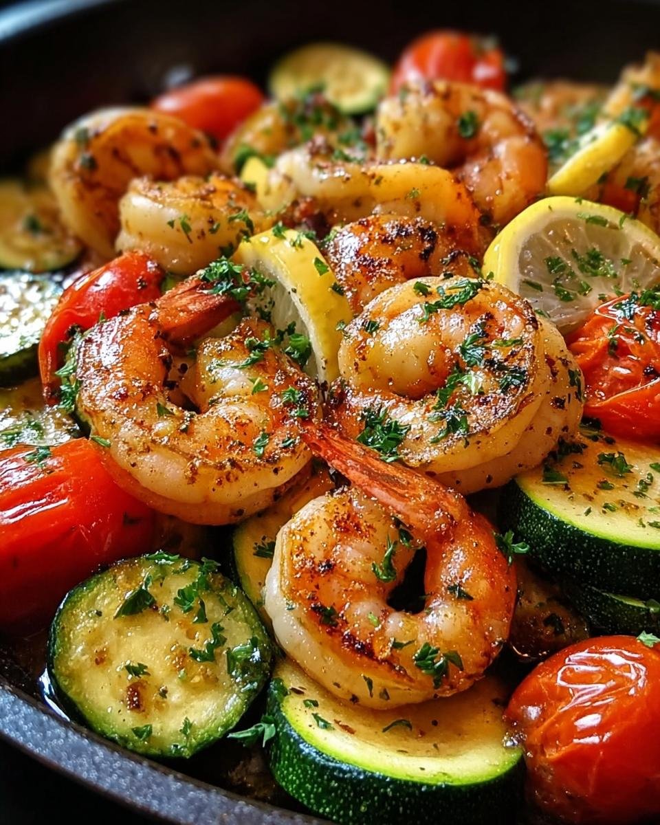 Close-up of delicious Garnelen mit Knoblauch & Zucchini, featuring plump shrimp, zucchini slices, cherry tomatoes, and lemon wedges, garnished with parsley.