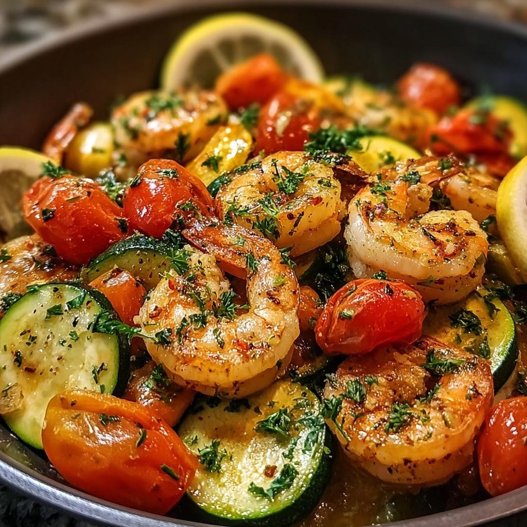 Close-up of delicious Garnelen mit Knoblauch & Zucchini, featuring plump shrimp, zucchini slices, and cherry tomatoes.