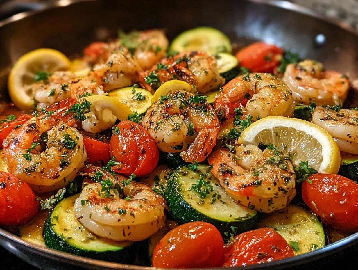 Close-up of pan-fried Garnelen mit Knoblauch & Zucchini, garnished with lemon and parsley.