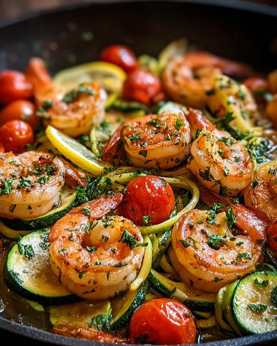 Close-up of pan-fried Garnelen mit Knoblauch & Zucchini, featuring plump shrimp, zucchini noodles, cherry tomatoes, and lemon slices.