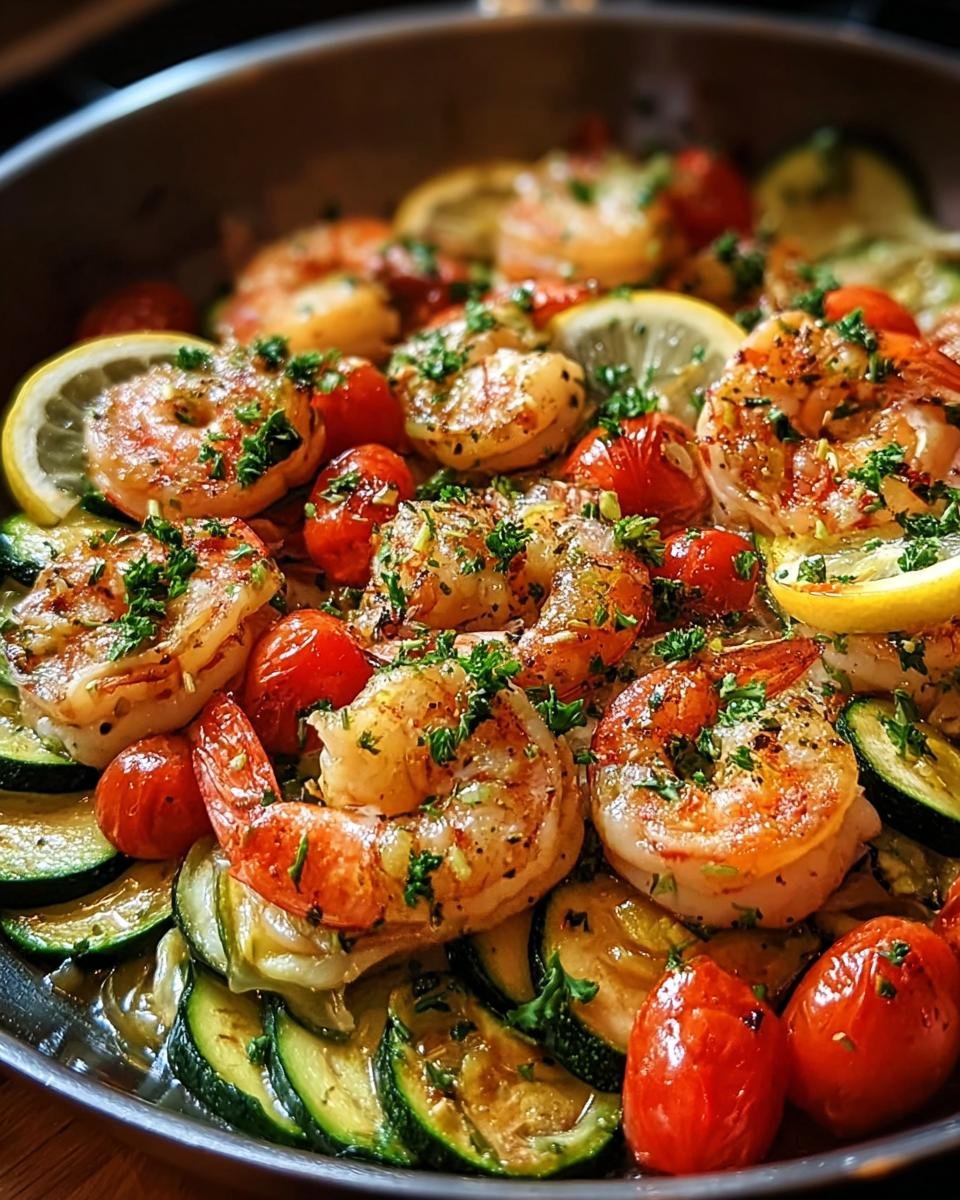 Close-up of pan-fried Garnelen mit Knoblauch & Zucchini, garnished with lemon slices and parsley.