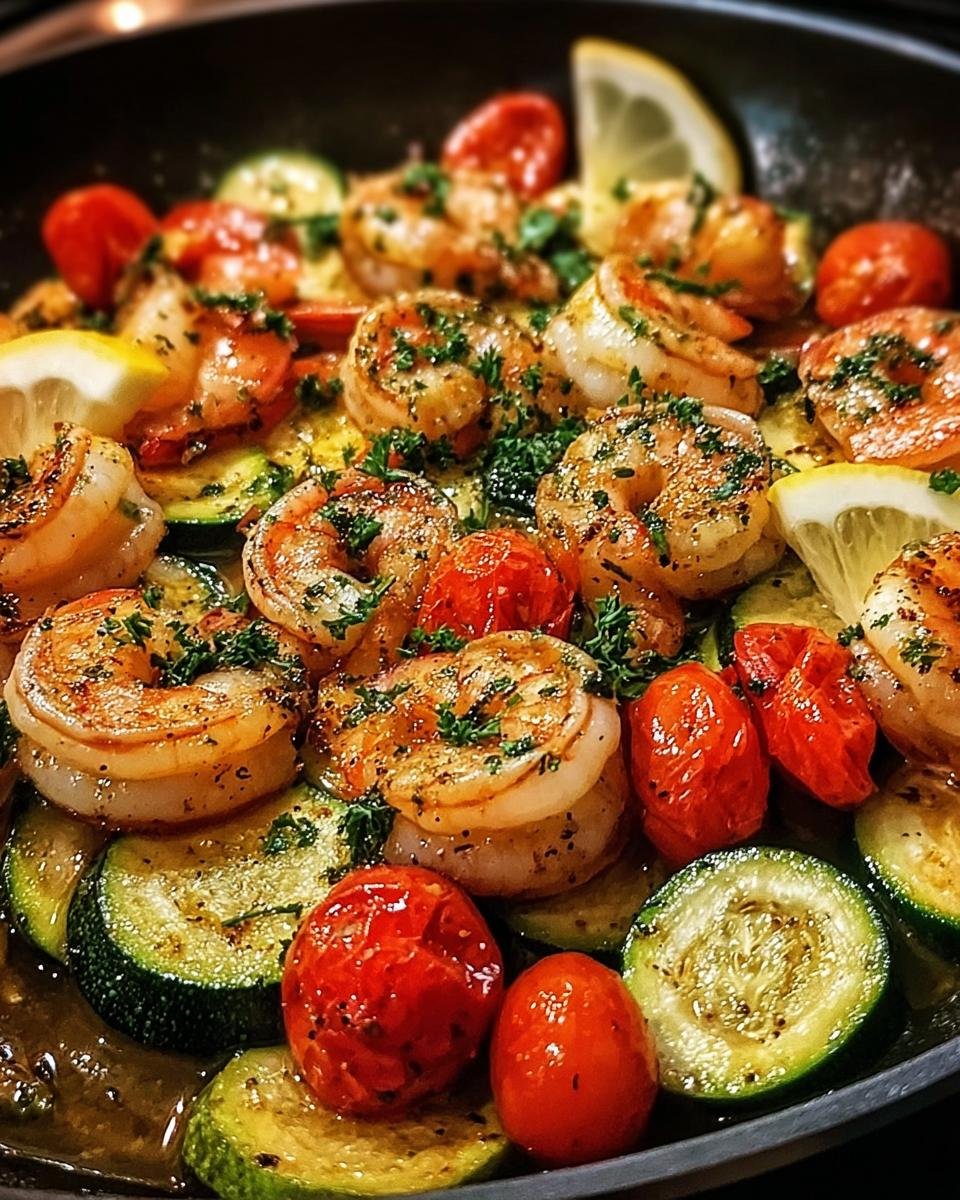 Garnelen mit Knoblauch & Zucchini, garniert mit Petersilie und Zitronenspalten, in einer Pfanne zubereitet.