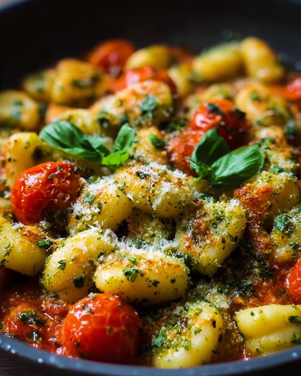 Close-up of a Gnocchi-Pfanne mit Pesto & Kirschtomaten, featuring golden gnocchi, cherry tomatoes, and fresh basil.