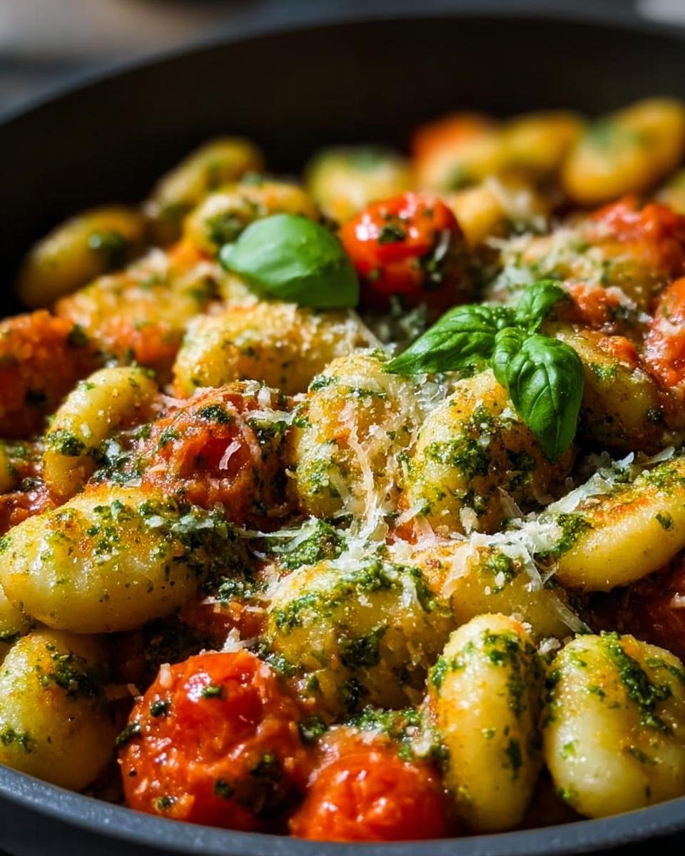 Close-up of a Gnocchi-Pfanne mit Pesto & Kirschtomaten, showing golden gnocchi, cherry tomatoes, pesto, and grated cheese.
