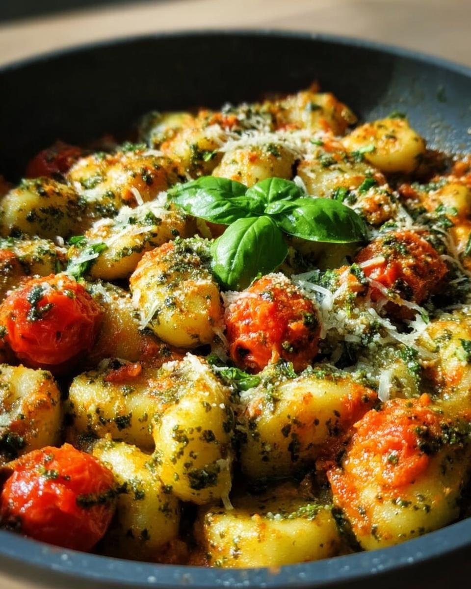 Close-up of a pan filled with Gnocchi-Pfanne mit Pesto & Kirschtomaten, garnished with basil and parmesan.