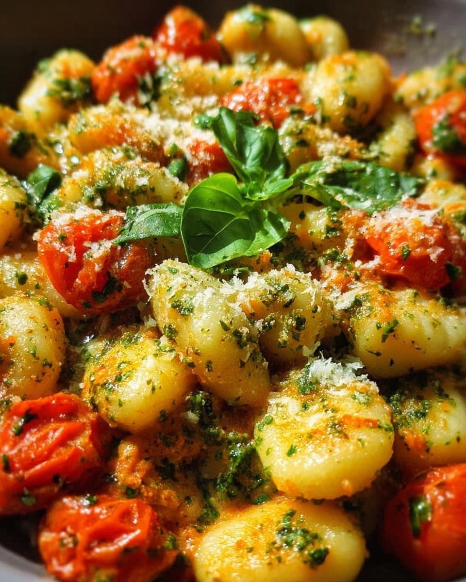 Close-up of a Gnocchi-Pfanne mit Pesto & Kirschtomaten, featuring tender gnocchi, vibrant cherry tomatoes, and fresh basil.