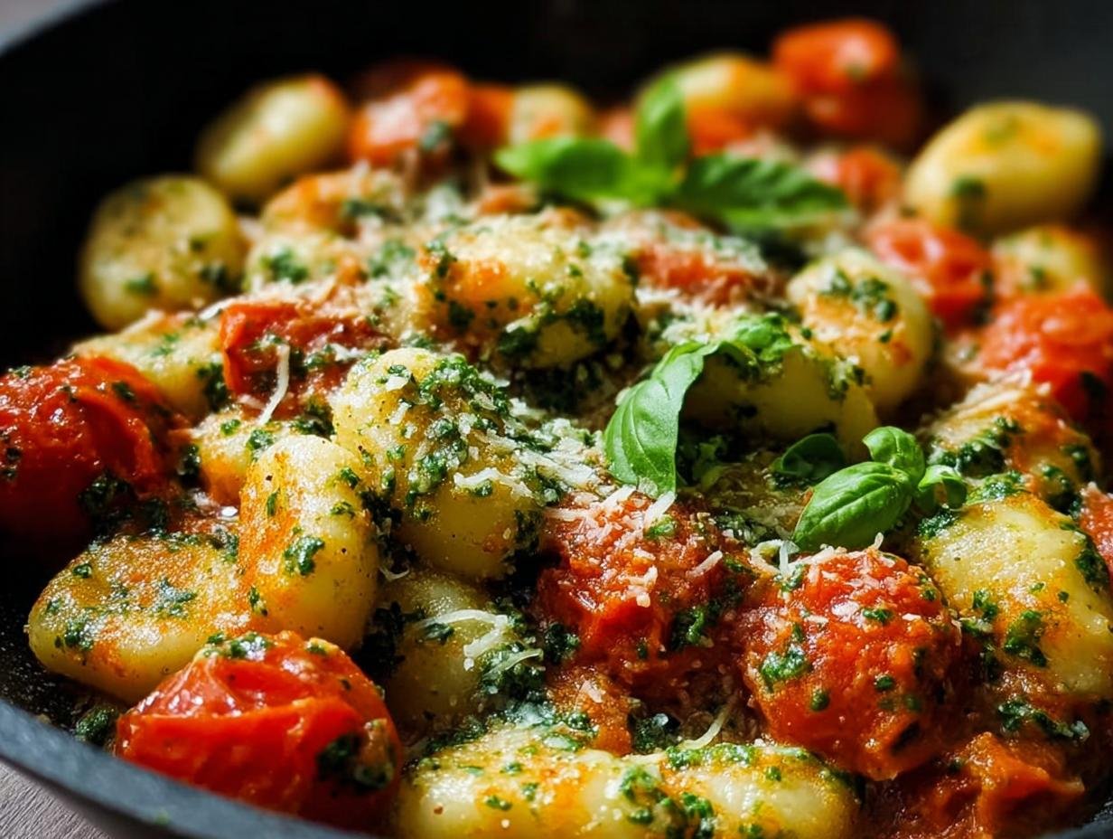 Close-up of a Gnocchi-Pfanne mit Pesto & Kirschtomaten, featuring tender gnocchi, vibrant cherry tomatoes, pesto, and fresh basil.