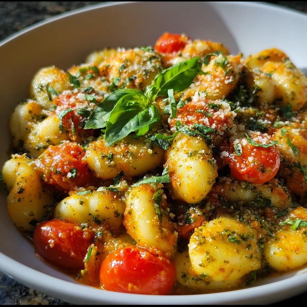 Close-up of a Gnocchi-Pfanne mit Pesto & Kirschtomaten, featuring golden gnocchi, vibrant cherry tomatoes, and fresh basil.
