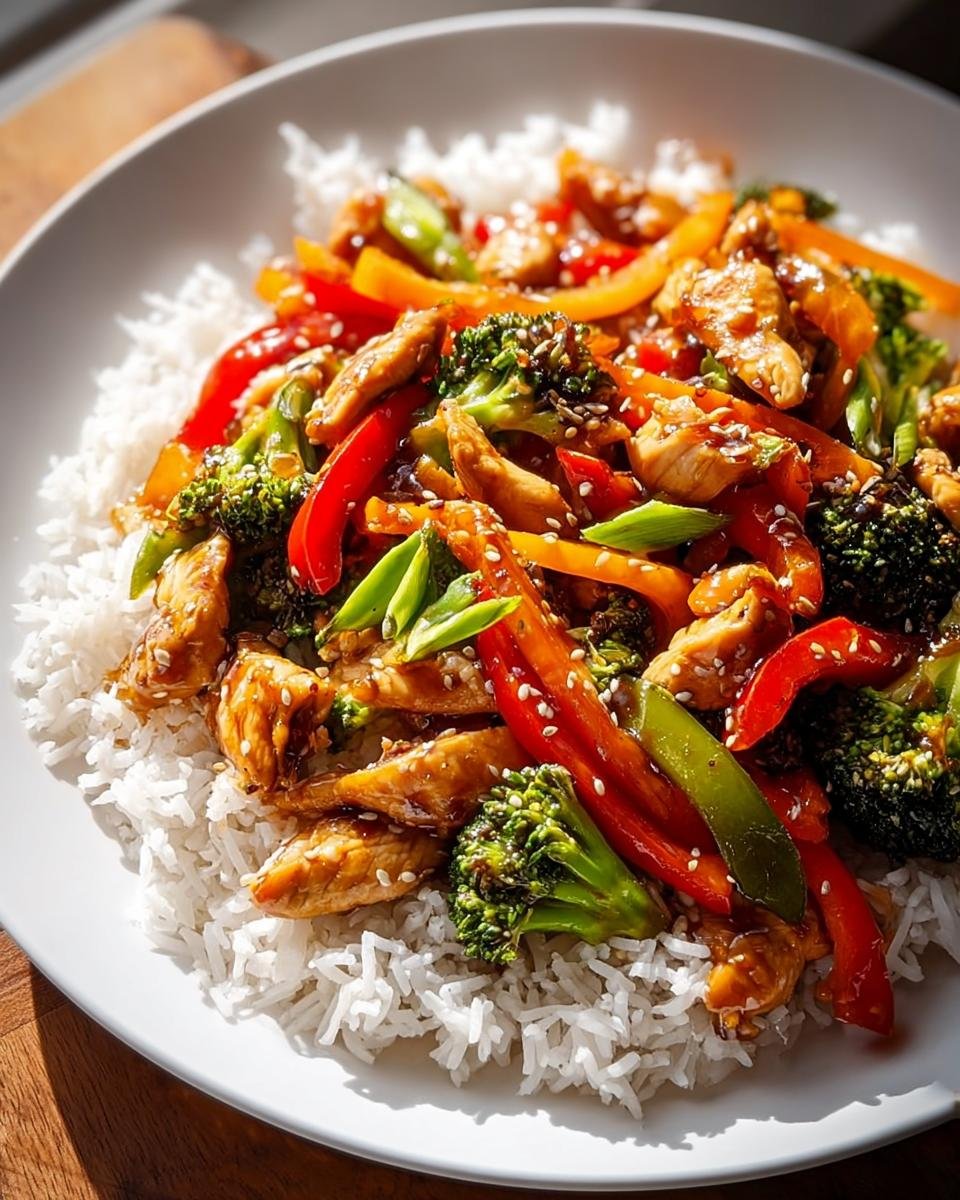 Eine Hähnchen-Gemüse-Pfanne mit Sojasauce, serviert auf einer Portion Reis, garniert mit Sesam.