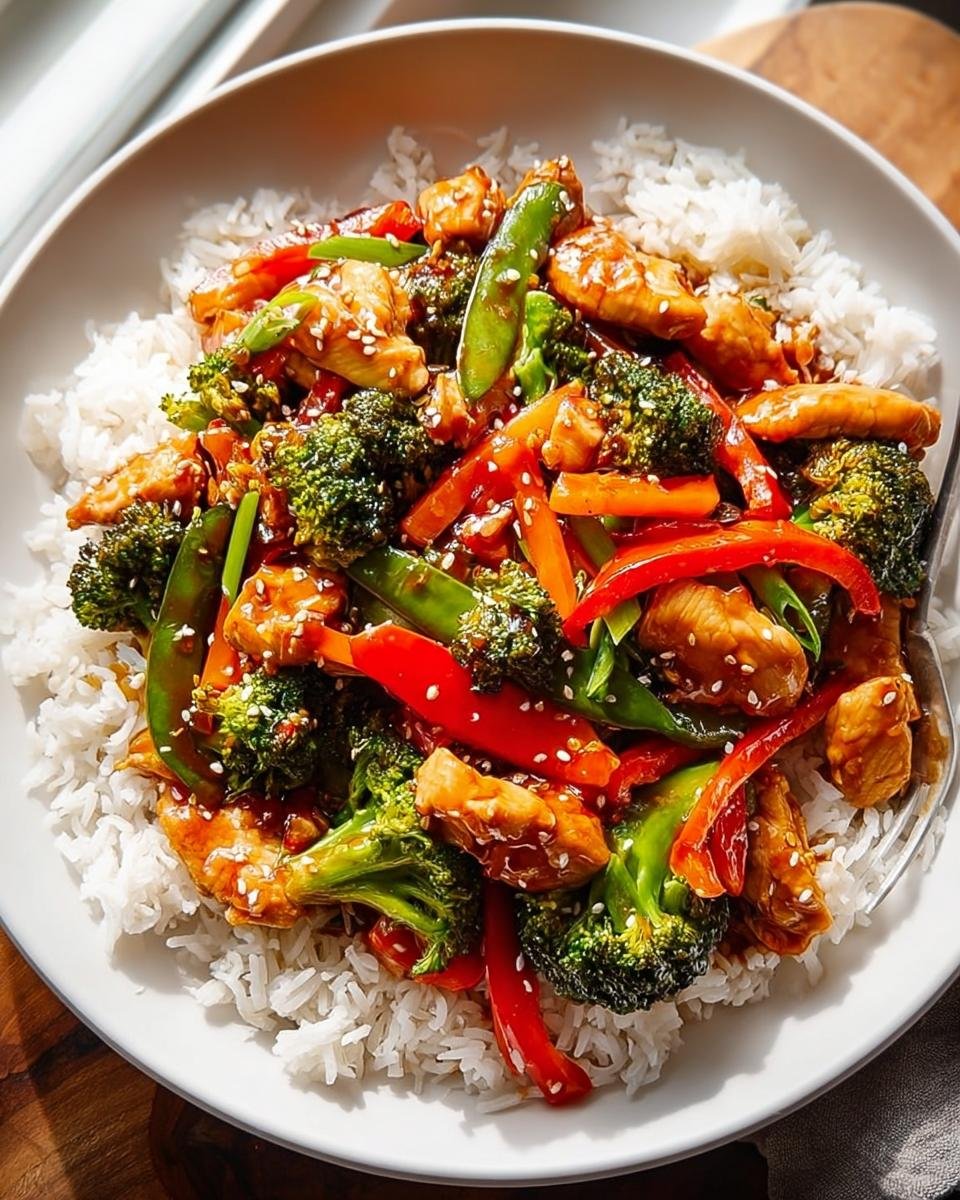 Eine Hähnchen-Gemüse-Pfanne mit Sojasauce, serviert auf einer Schüssel mit Reis, garniert mit Sesam.