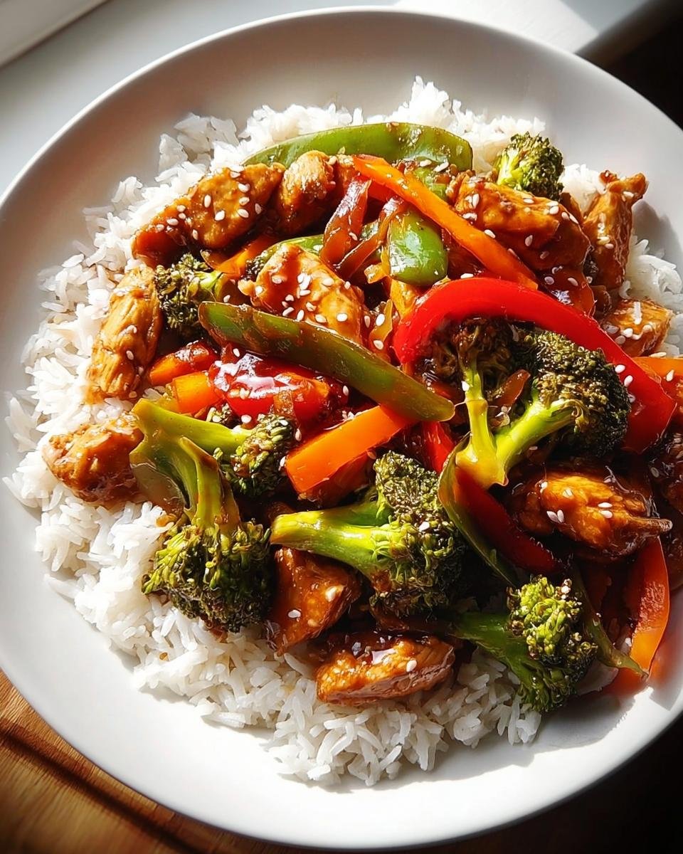 Eine Hähnchen-Gemüse-Pfanne mit Sojasauce, serviert auf einer Schüssel mit Reis, garniert mit Sesam.