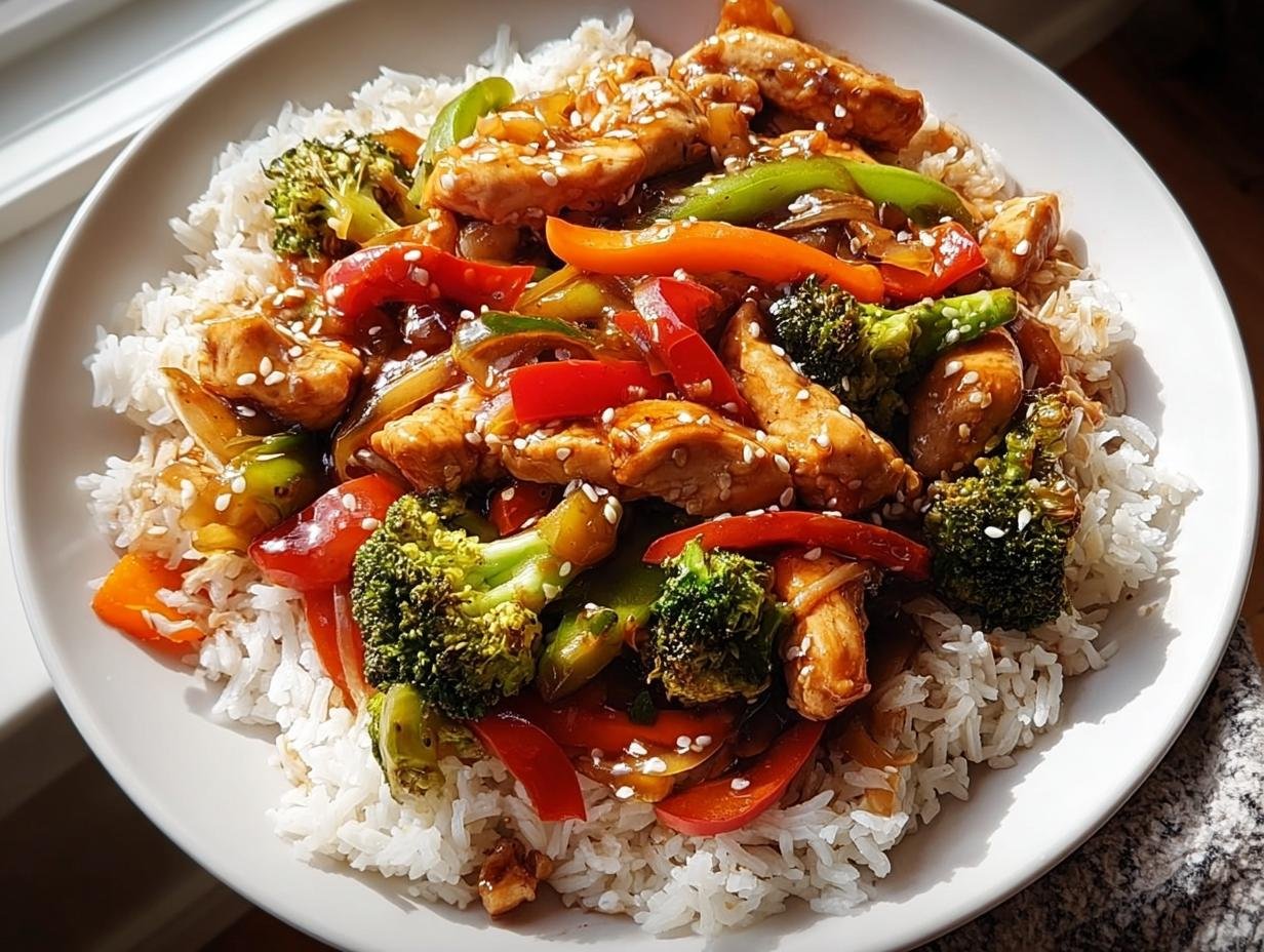 Eine Hähnchen-Gemüse-Pfanne mit Sojasauce, serviert auf weißem Reis, garniert mit Sesam.