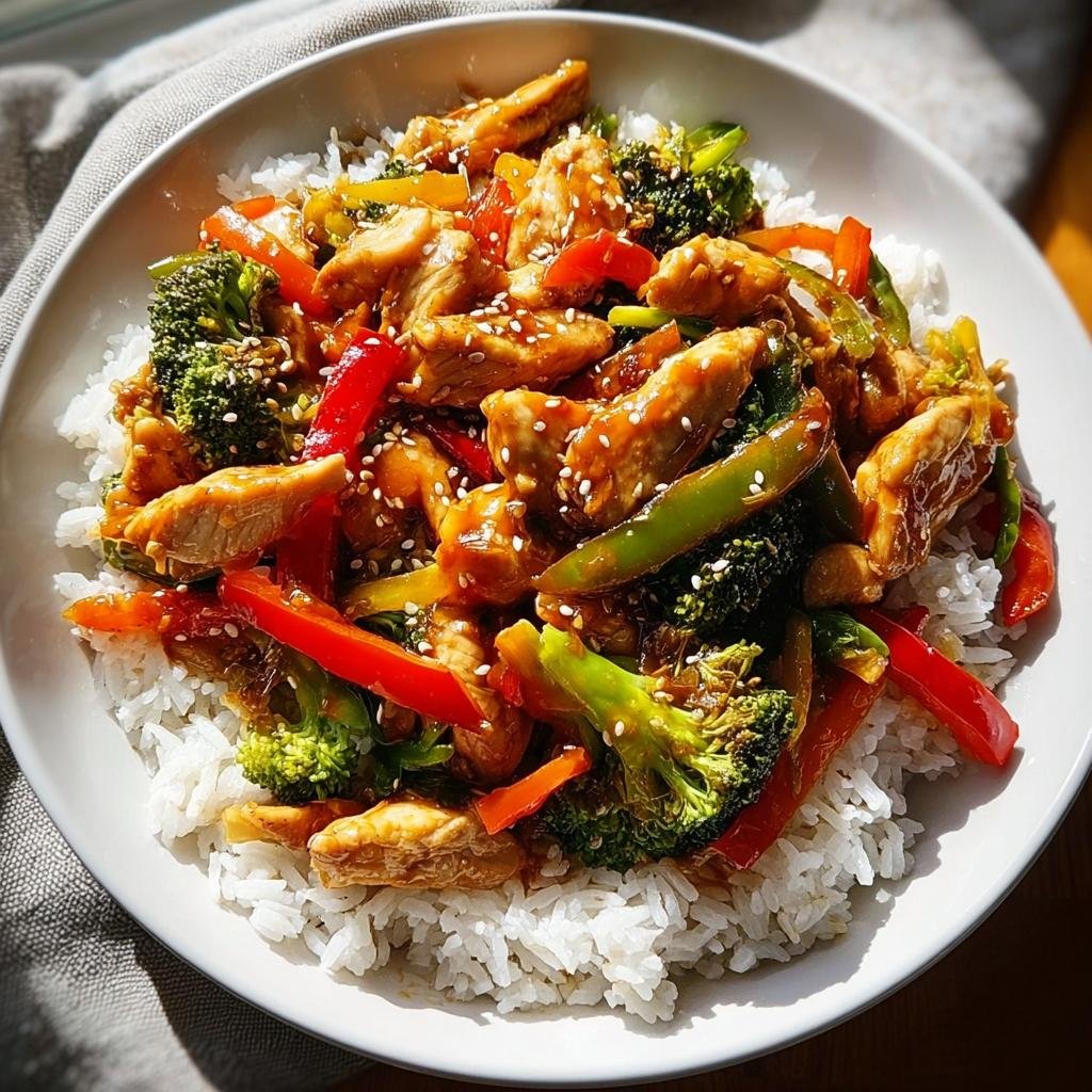 Eine Hähnchen-Gemüse-Pfanne mit Sojasauce, serviert auf weißem Reis und bestreut mit Sesam. Enthält Brokkoli und Paprika.