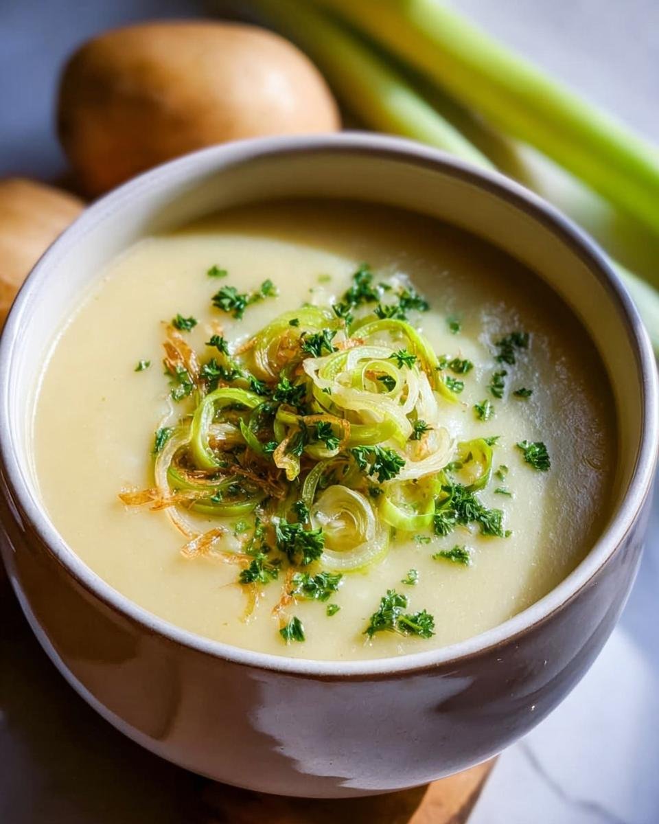 A close-up of a bowl of creamy Kartoffel-Lauch-Suppe (potato-leek soup) garnished with leeks and parsley.