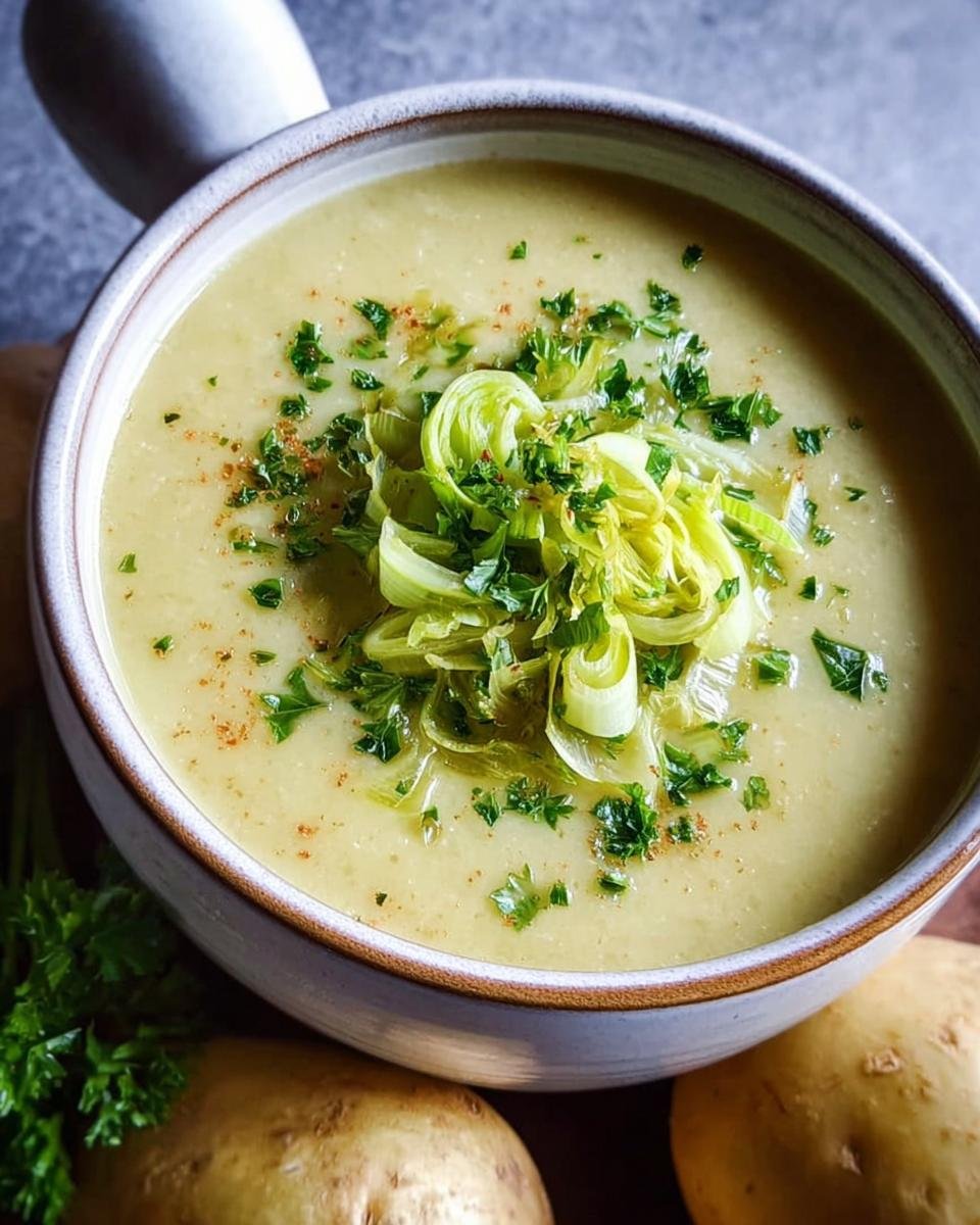 A close-up of a bowl of Kartoffel-Lauch-Suppe, garnished with fresh leeks and parsley.