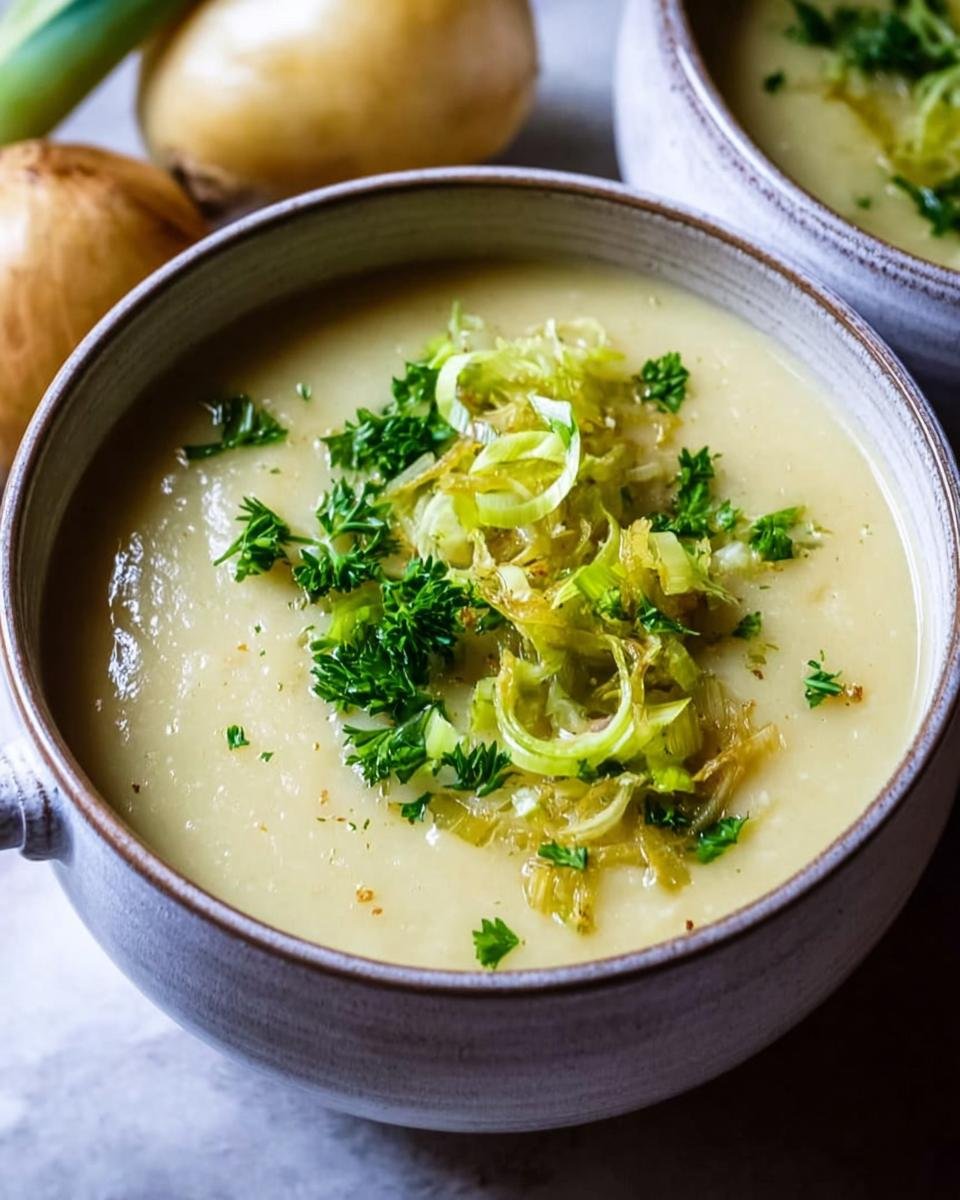 A close-up of a bowl of creamy Kartoffel-Lauch-Suppe (German Potato Leek Soup) garnished with sautéed leeks and fresh parsley.