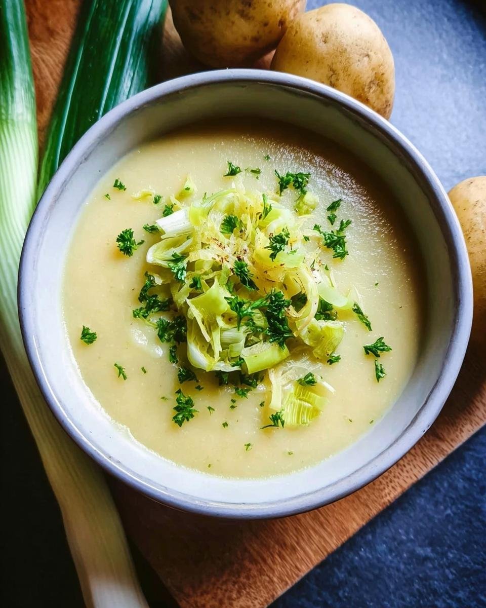 A bowl of creamy Kartoffel-Lauch-Suppe (German potato leek soup) garnished with leeks and parsley, with potatoes and leeks in the background.
