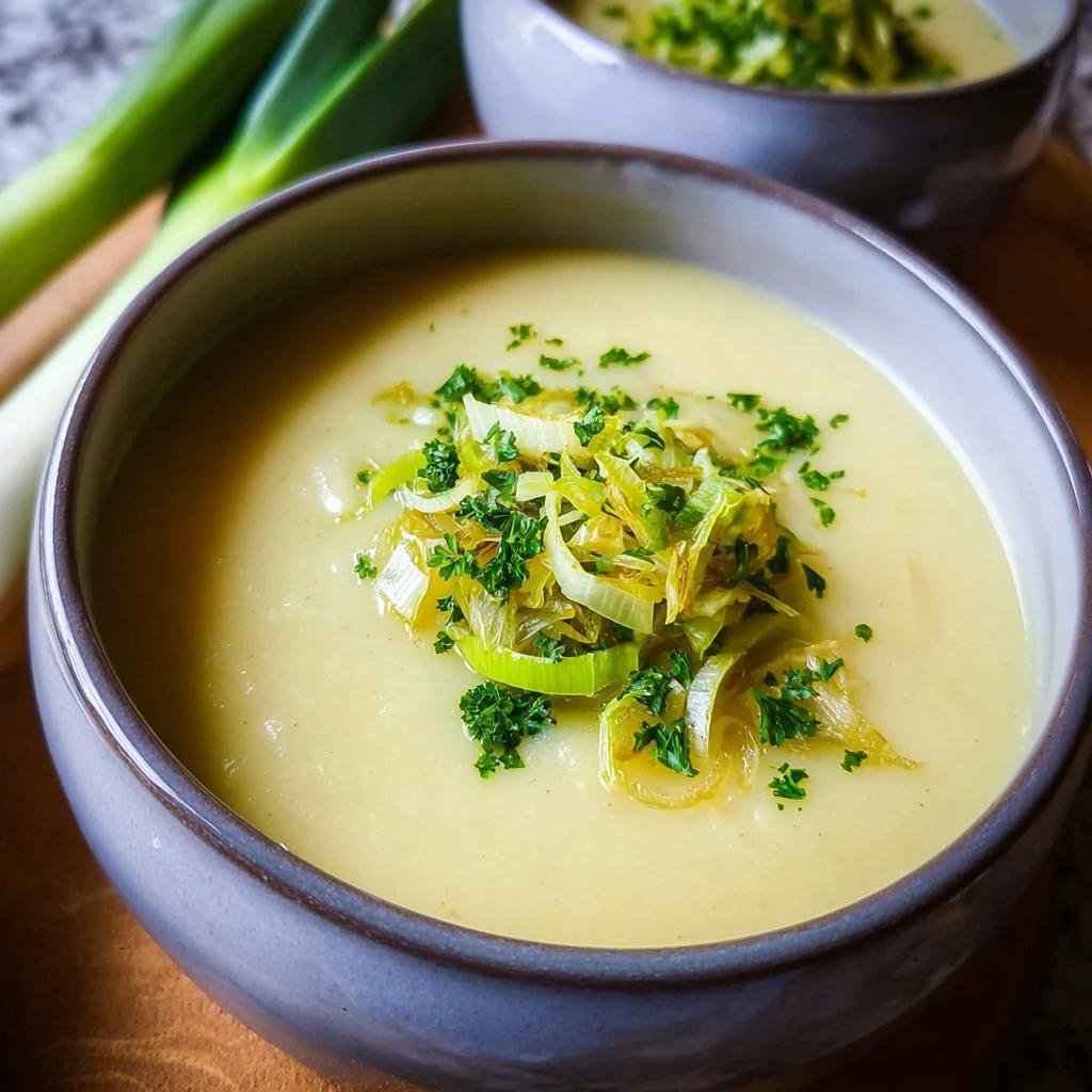 A bowl of creamy Kartoffel-Lauch-Suppe (German potato leek soup) garnished with sautéed leeks and fresh parsley.