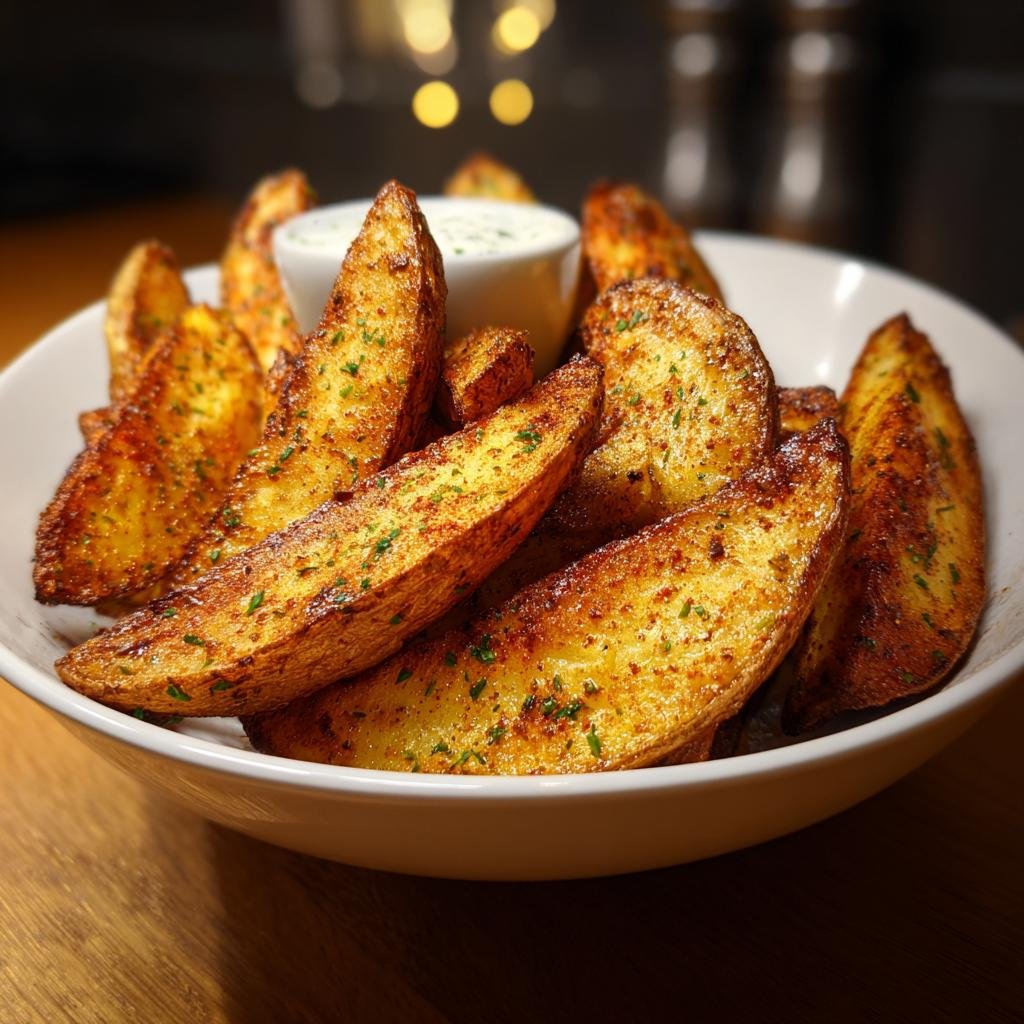 A bowl filled with golden-brown, seasoned Kartoffelspalten aus dem Airfryer, served with a small dish of creamy dip.