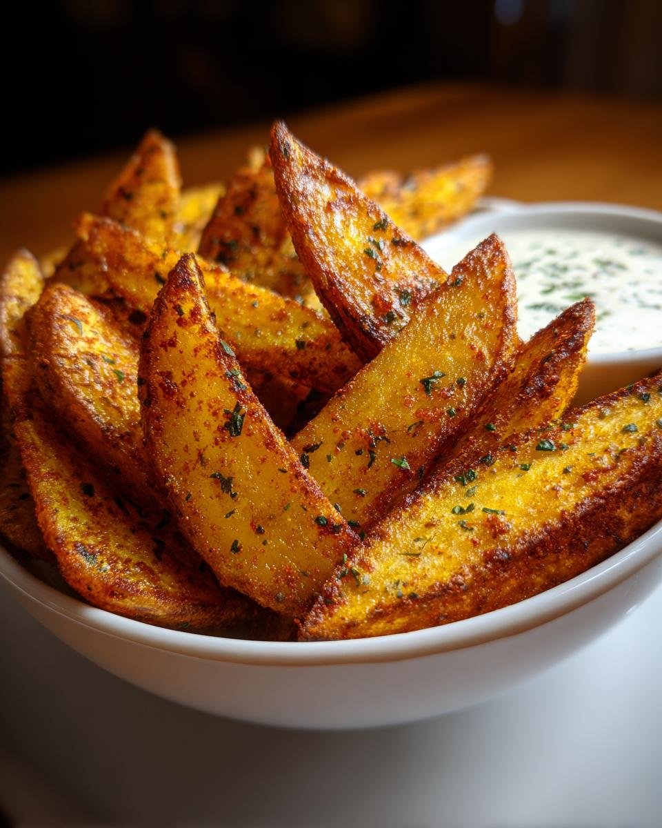 Eine Schüssel mit knusprigen Kartoffelspalten aus dem Airfryer, bestreut mit Kräutern und Gewürzen.